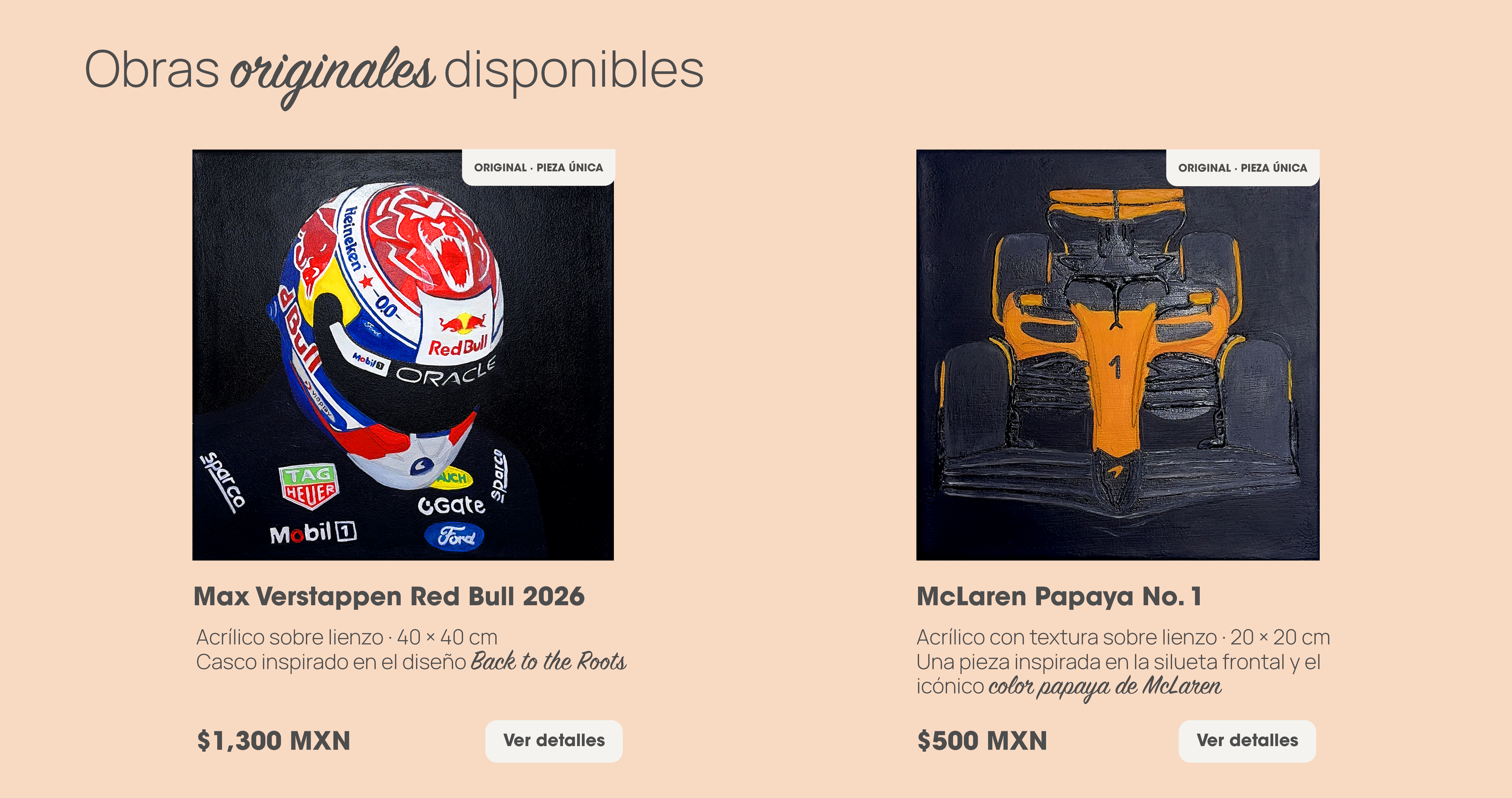 Obras originales disponibles: Max Verstappen Red Bull 2026 y McLaren Papaya No. 1